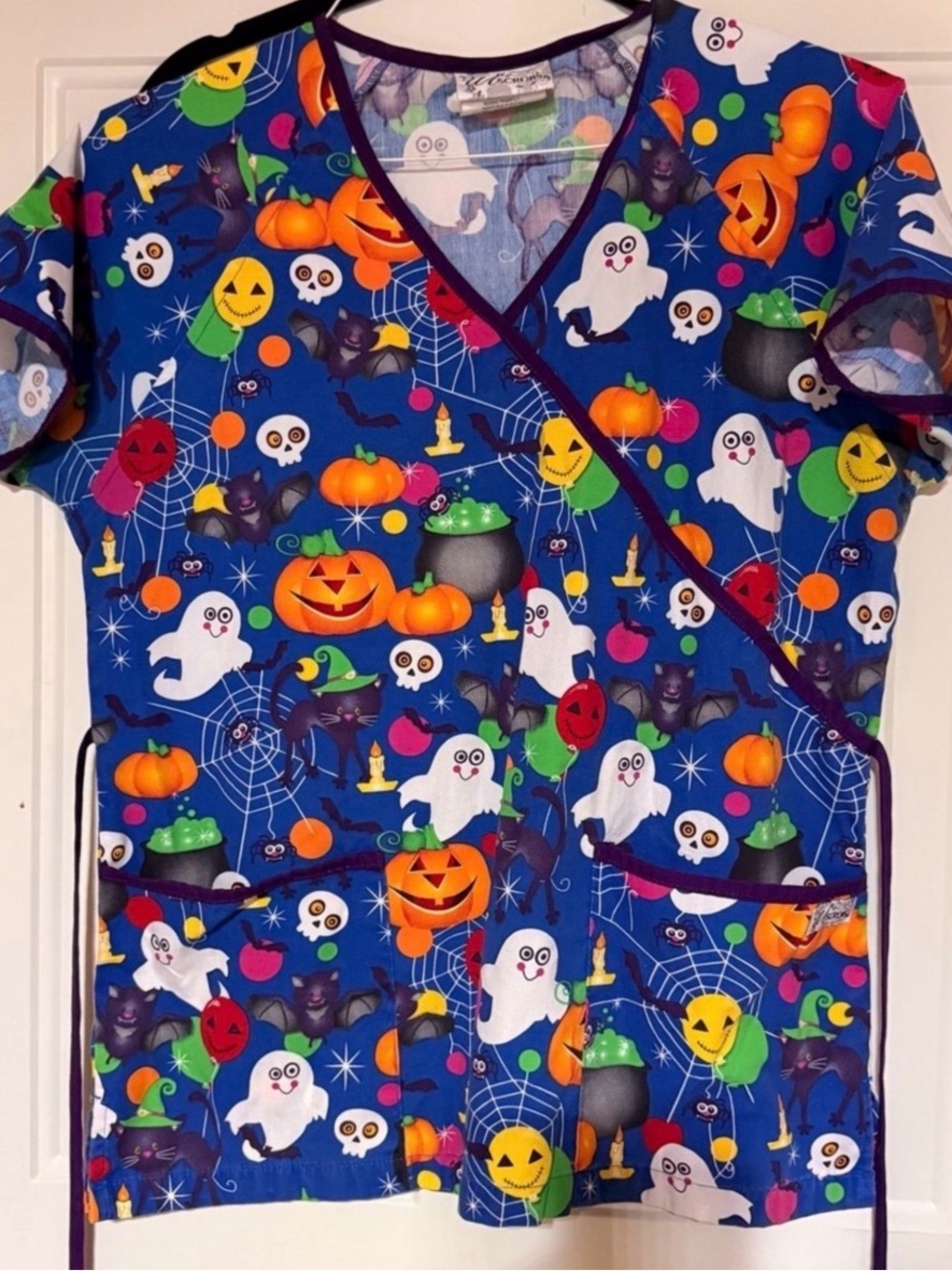 Halloween Scrub Top - Blue Ghost & Pumpkin Print